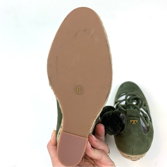 Tory Burch Heather Wedge Espadrille Green Suede Leather Lace Up Heel Size 6 - Picture 5 of 6